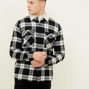 New Look Men's Plaid Sherpa Jacket Black White Small S Black Check Borg Collar